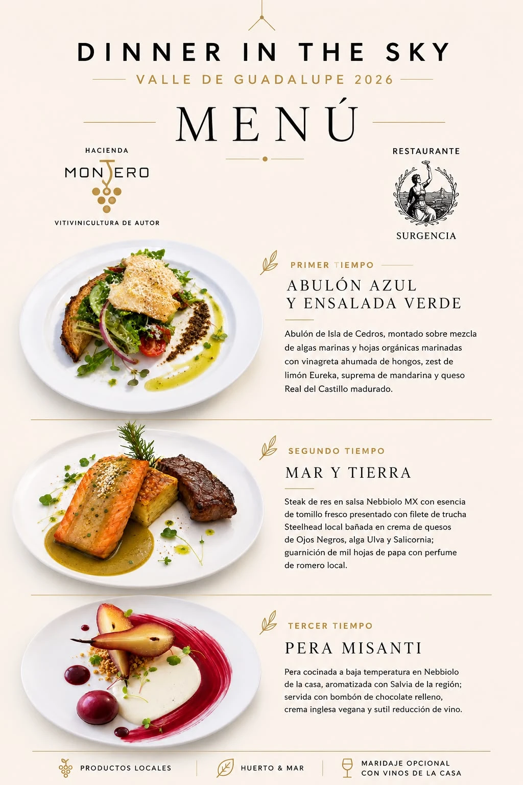 Menú Dinner in the Sky Ensenada 2026