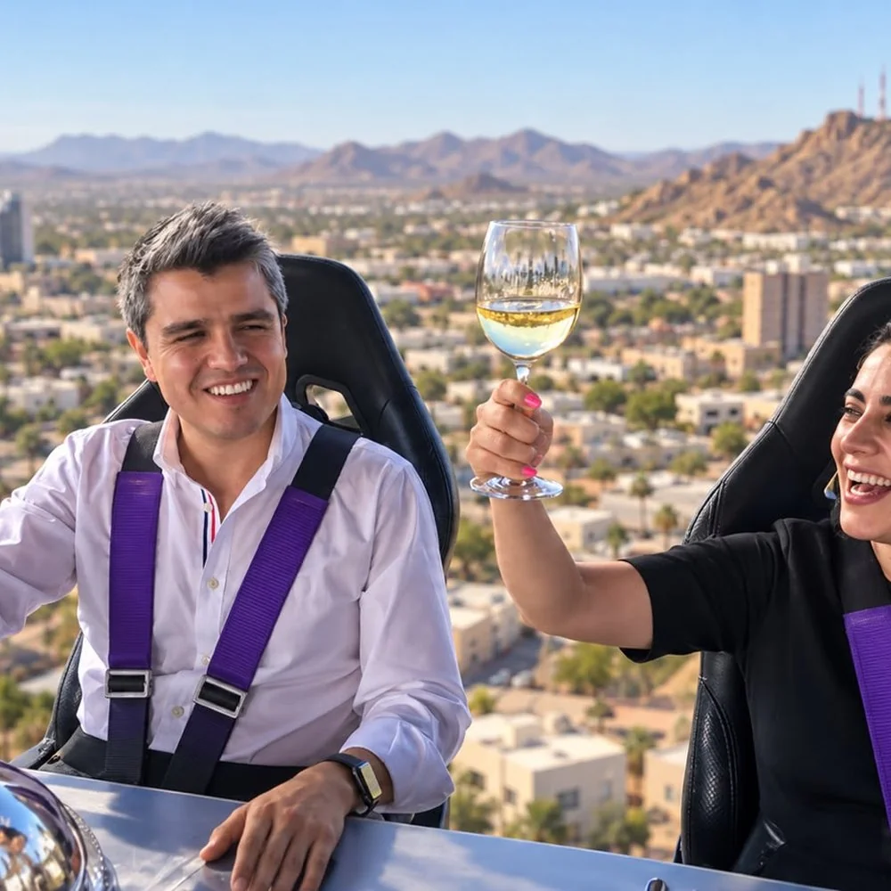 Pareja brindando con copas de vino blanco a bordo de la mesa suspendida
