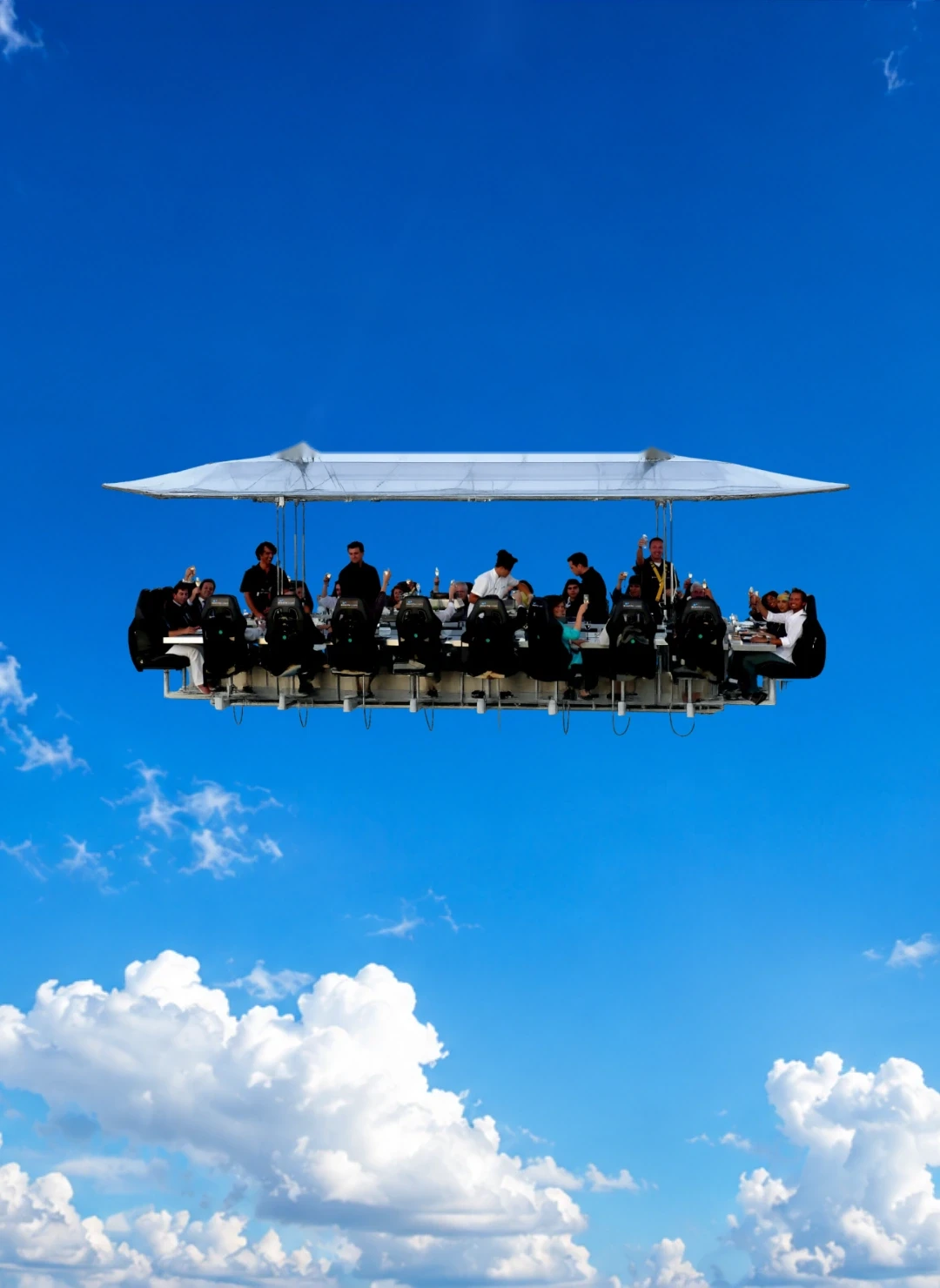 Plataforma de Dinner in the Sky suspendida en el cielo