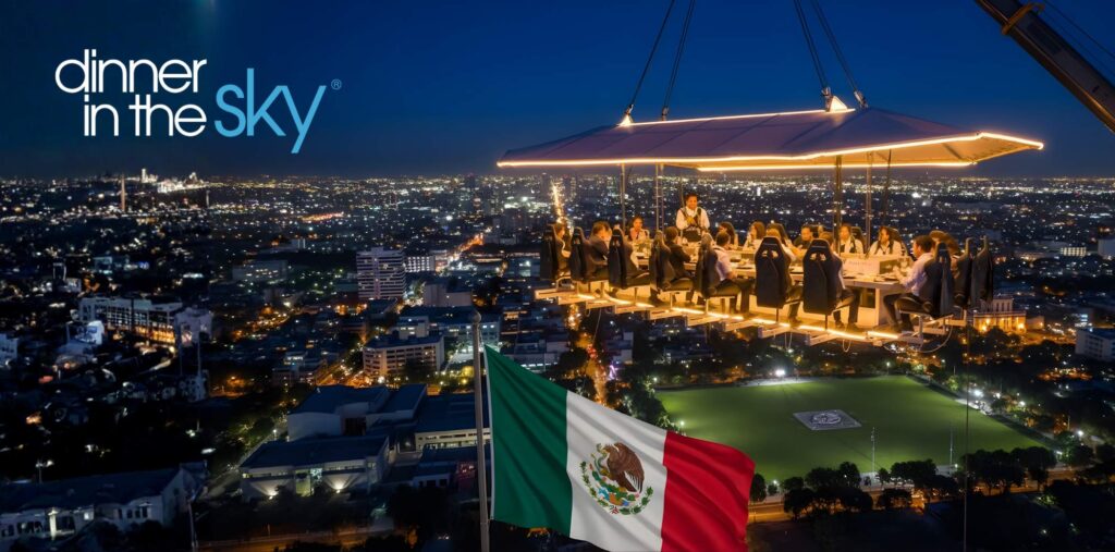 Plataforma de Dinner in the Sky de noche, opción original para cena de fin de año empresarial cdmx.